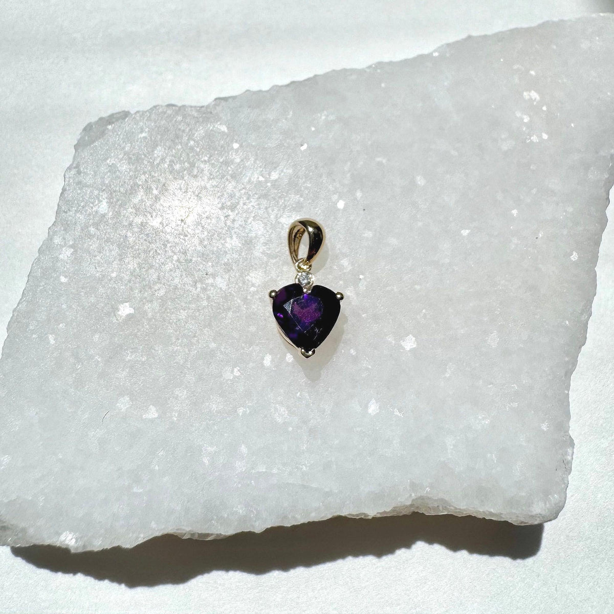 14k Solid Gold Amethyst Heart Pendant with Diamond, February Birthstone Gift
