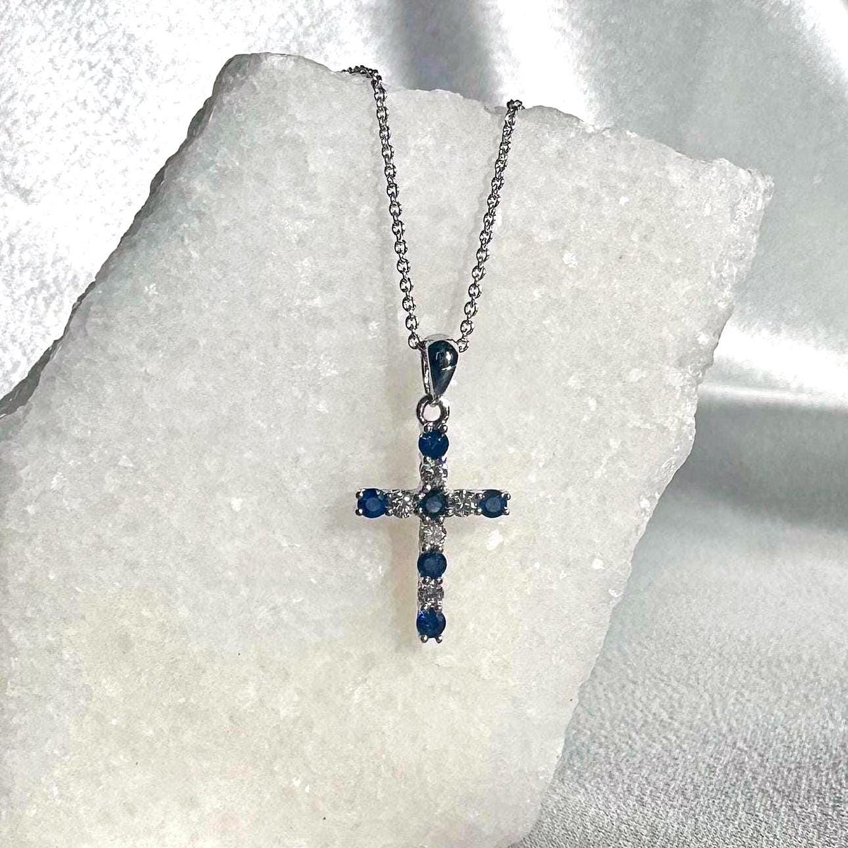 14k White Gold Sapphire Diamond Cross Pendant, September Birthstone Jewelry