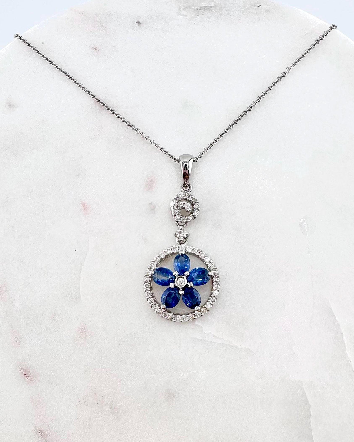 18k White Gold Sapphire Diamond Flower Halo Pendant, September Birthstone Gift