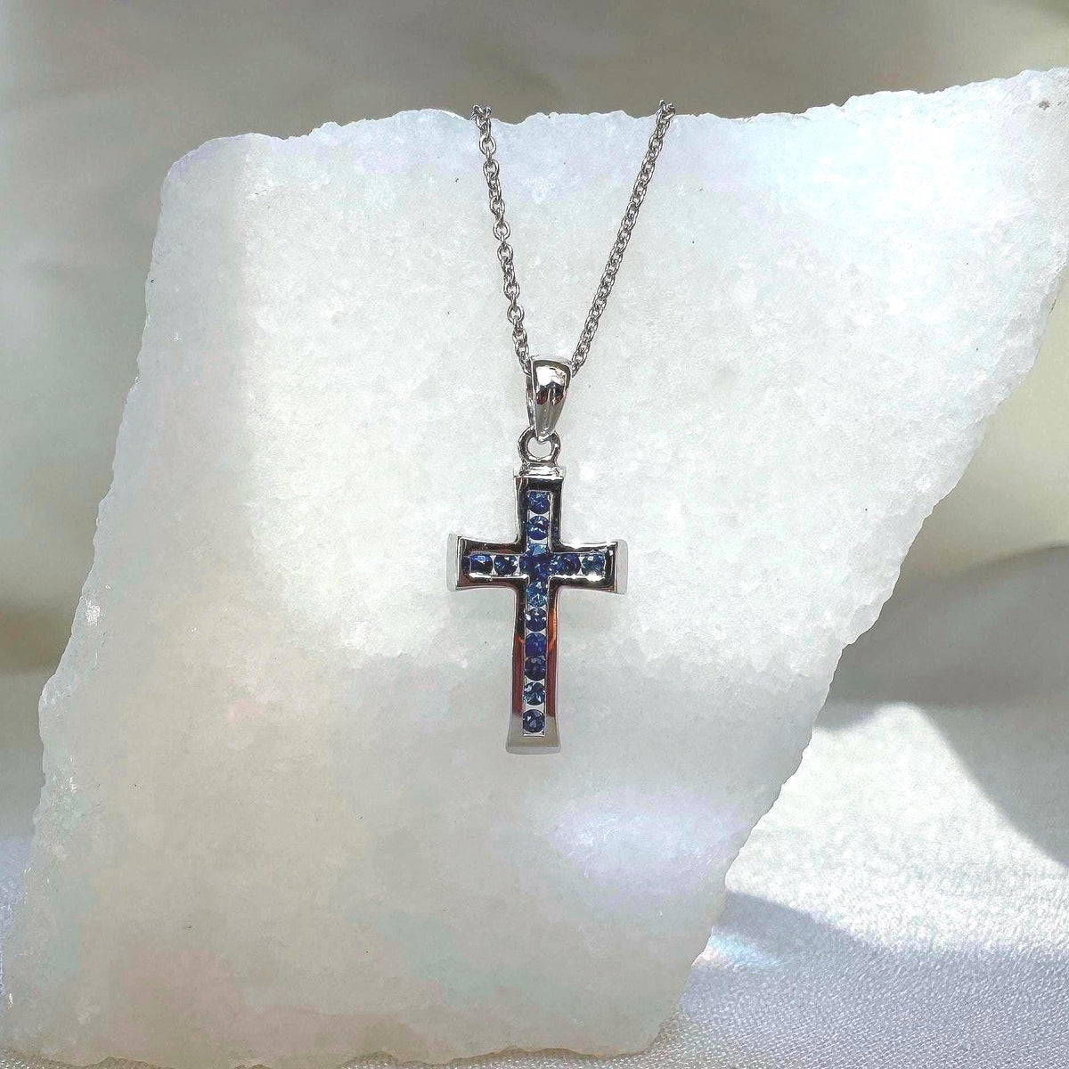 Genuine Sapphire Mini Tapered Cross Pendant in 18k Solid Gold