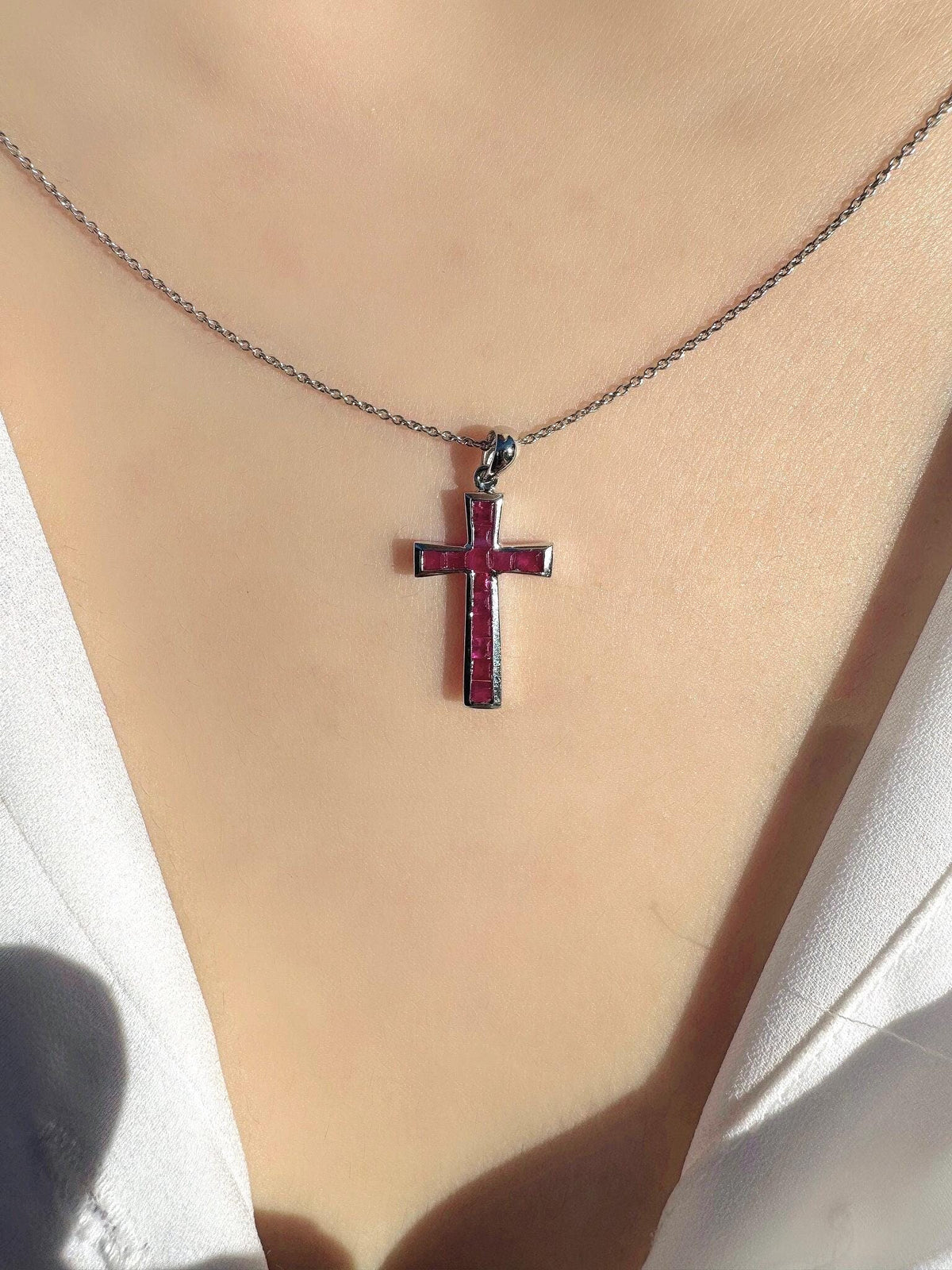 Genuine Ruby Tapered Cross Pendant | 18k Solid Gold