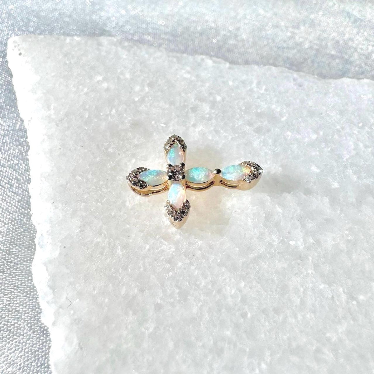 Genuine Opal and Diamond Cross Pendant | 14k Solid Gold