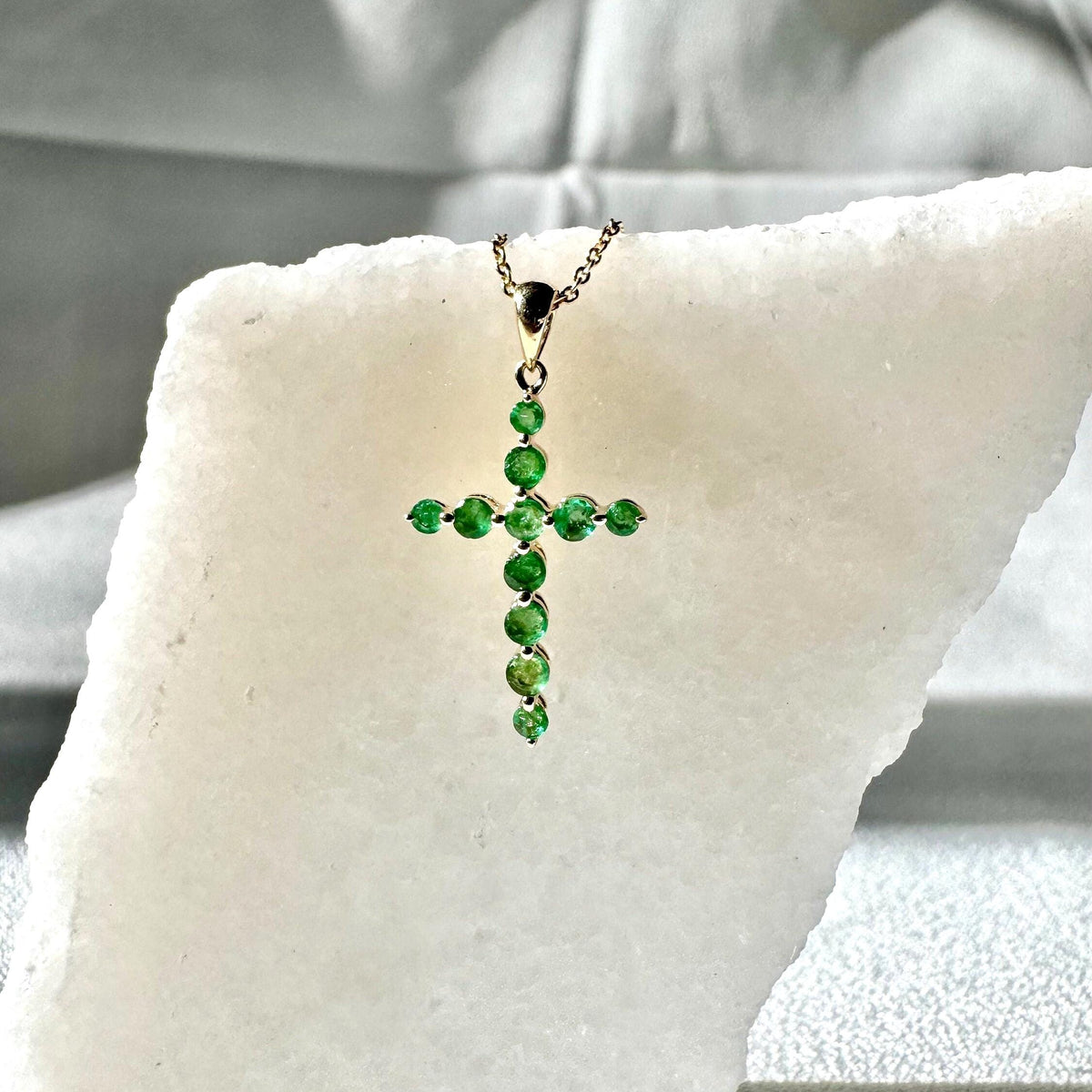 Genuine Emerald Round Cut Cross Pendant in 14k Solid Gold