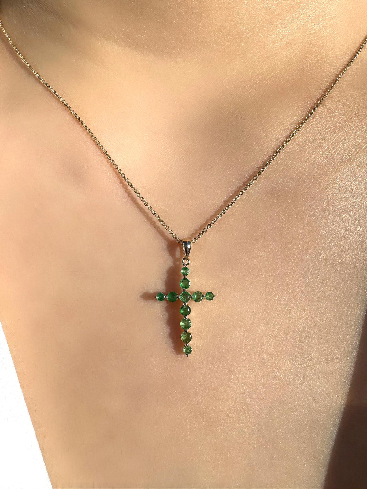 Genuine Emerald Round Cut Cross Pendant in 14k Solid Gold