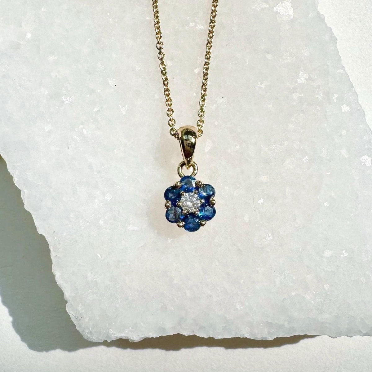 Genuine Sapphire and Diamond Flower Pendant, 14k Solid Gold, September Birthstone, Gift for Her