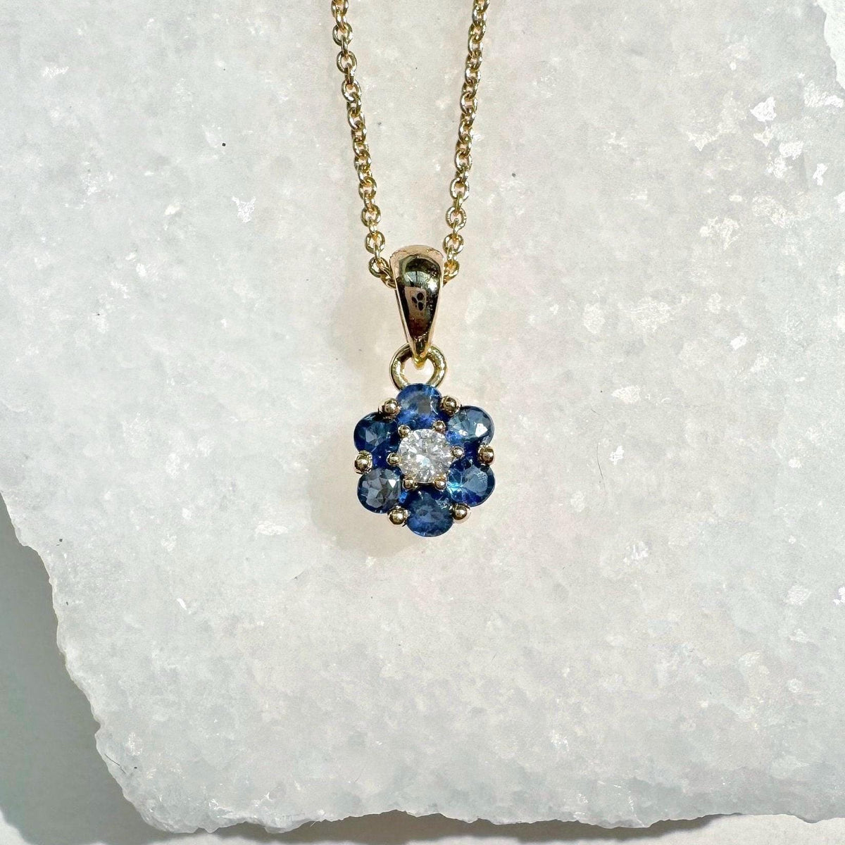 Genuine Sapphire and Diamond Flower Pendant, 14k Solid Gold, September Birthstone, Gift for Her