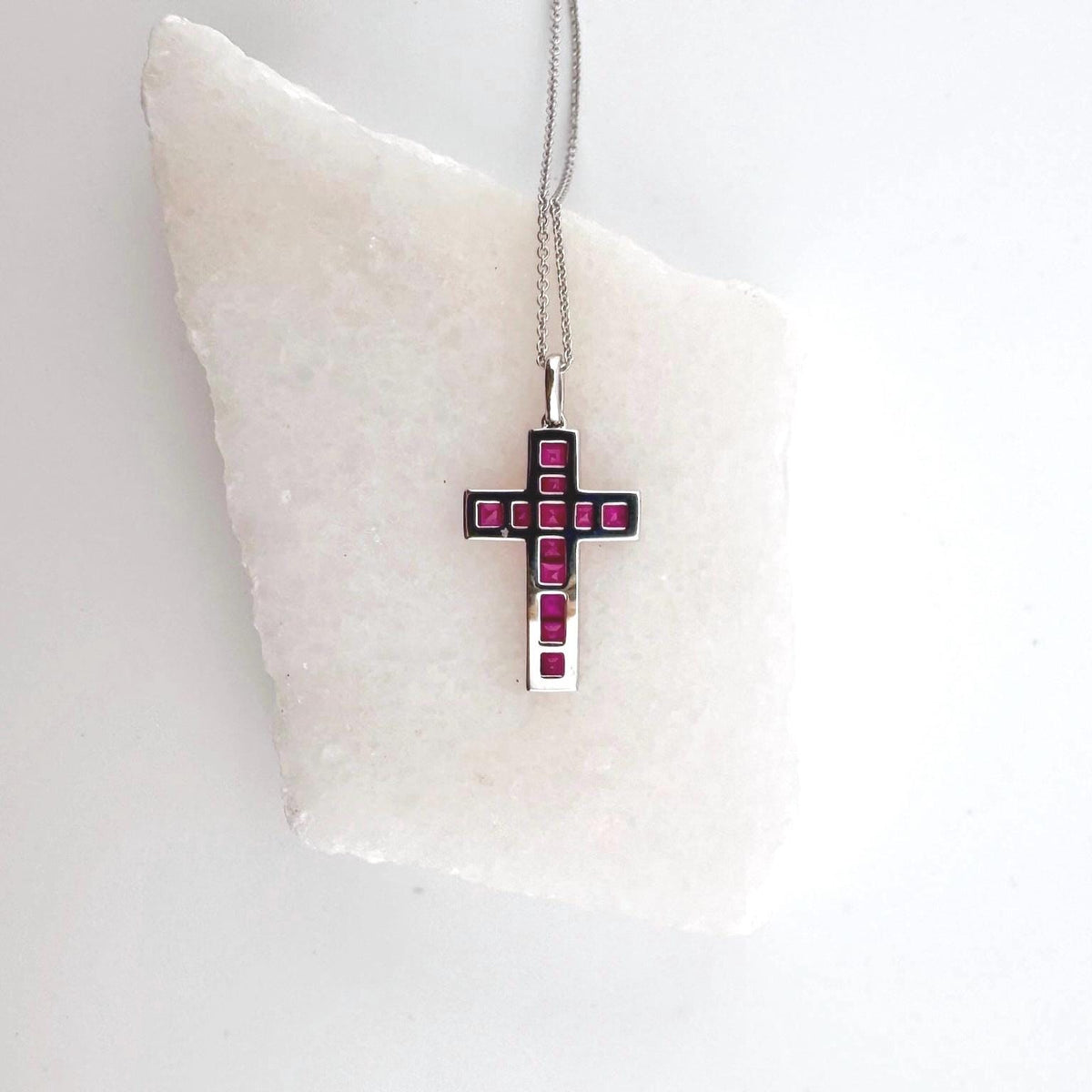 Genuine Ruby and Diamond Tapered Cross Pendant | 14k Solid Gold