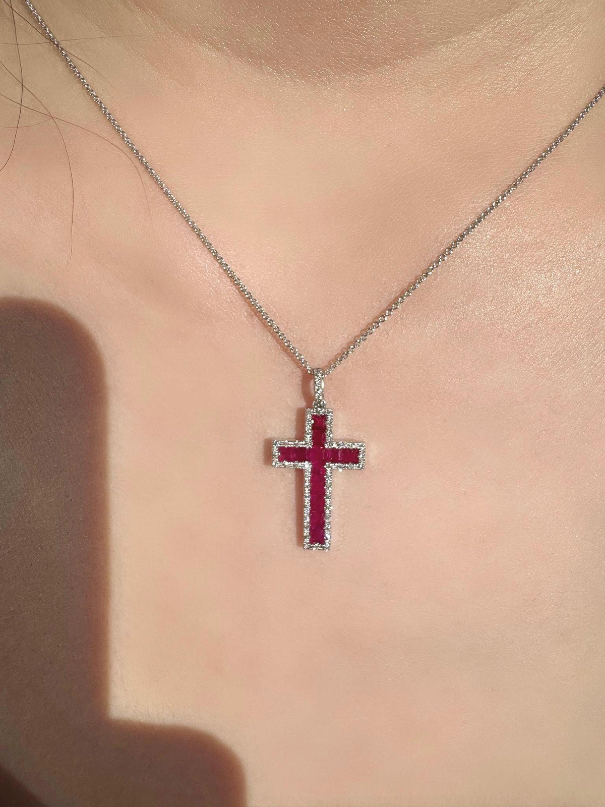 Genuine Ruby and Diamond Tapered Cross Pendant | 14k Solid Gold