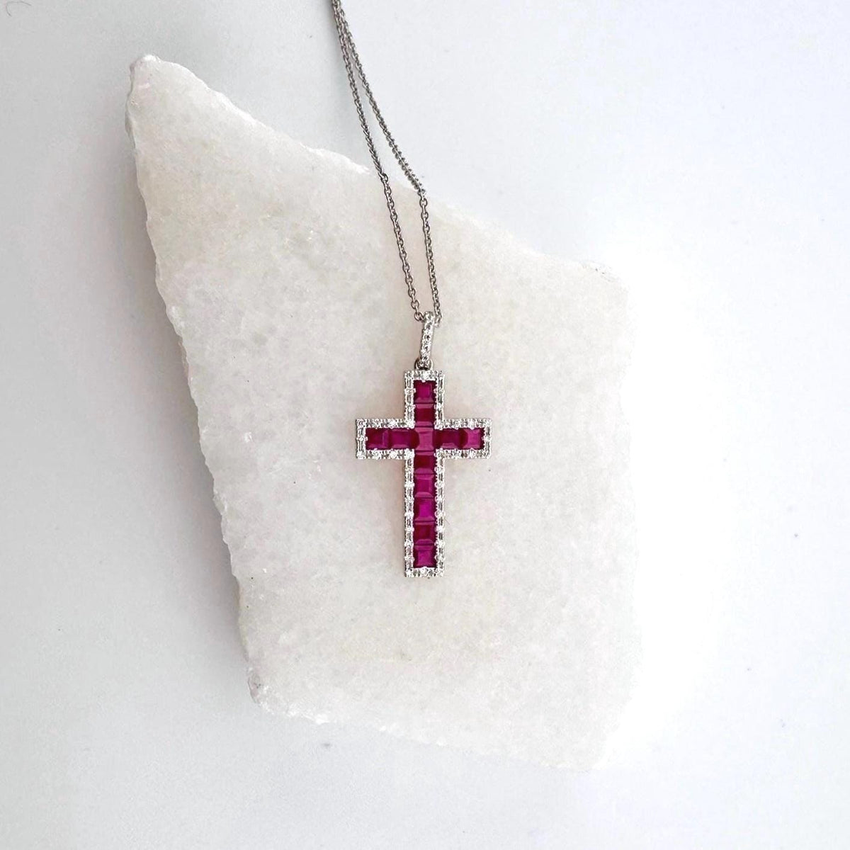 Genuine Ruby and Diamond Tapered Cross Pendant | 14k Solid Gold