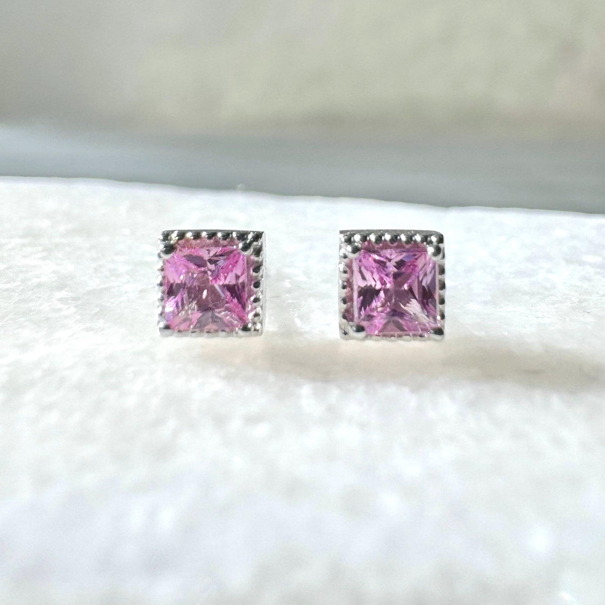 Genuine Pink Sapphire Princess Cut Stud Earrings, 14k Solid Gold, September Birthstone
