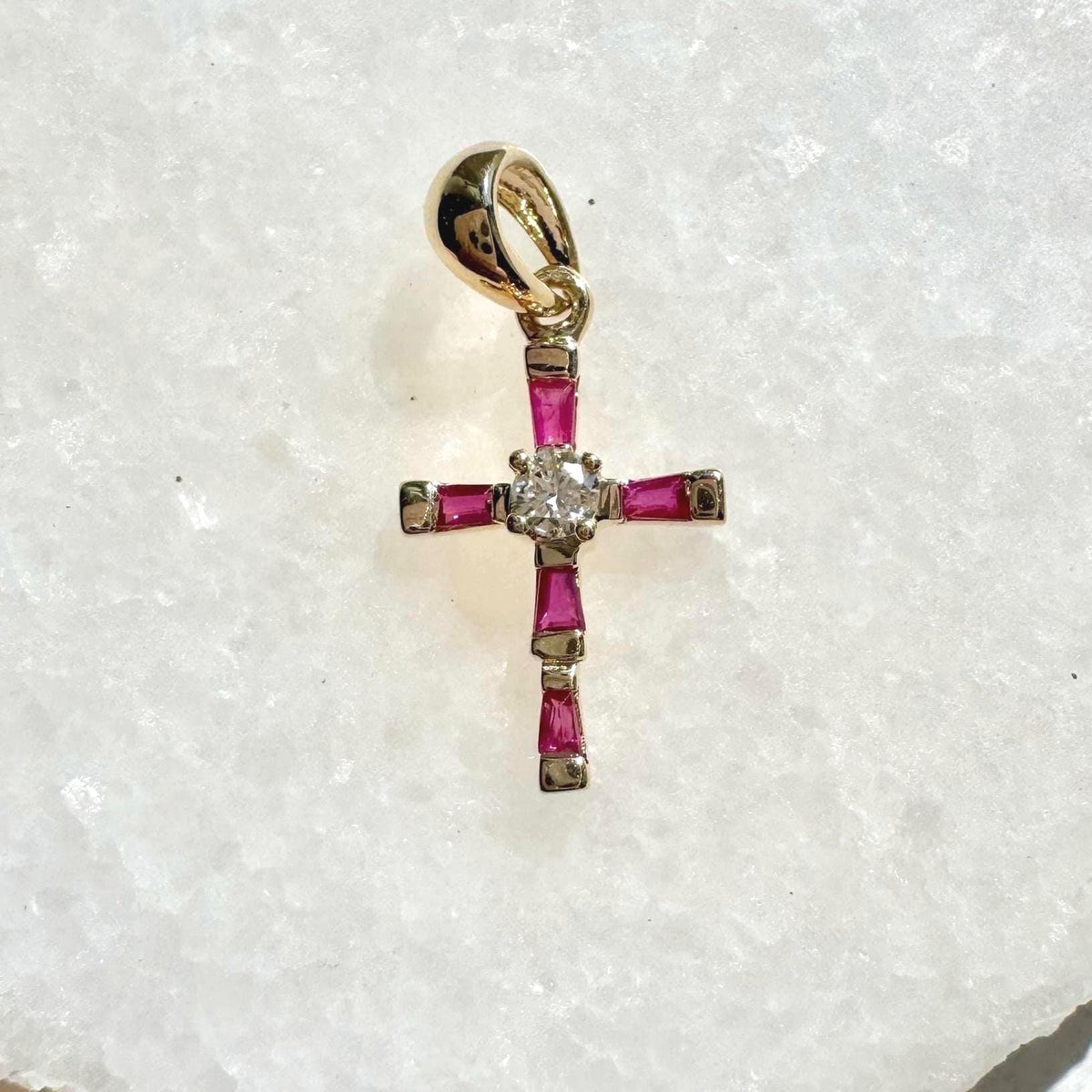 Genuine Ruby Diamond Baguette Cross Pendant (Mini) | 14k Solid Gold