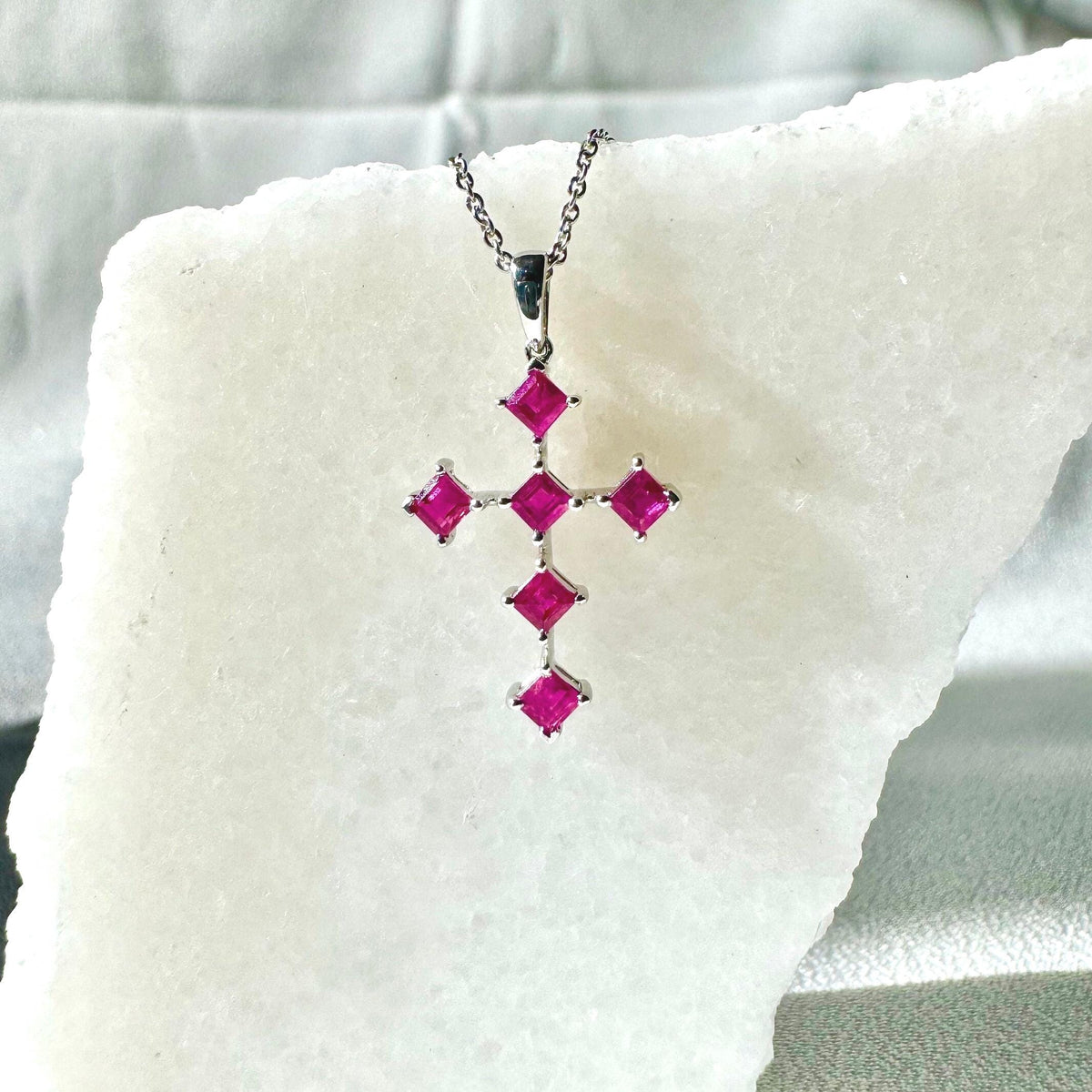 Genuine Princess Cut Ruby Cross Pendant in 18k Solid Gold