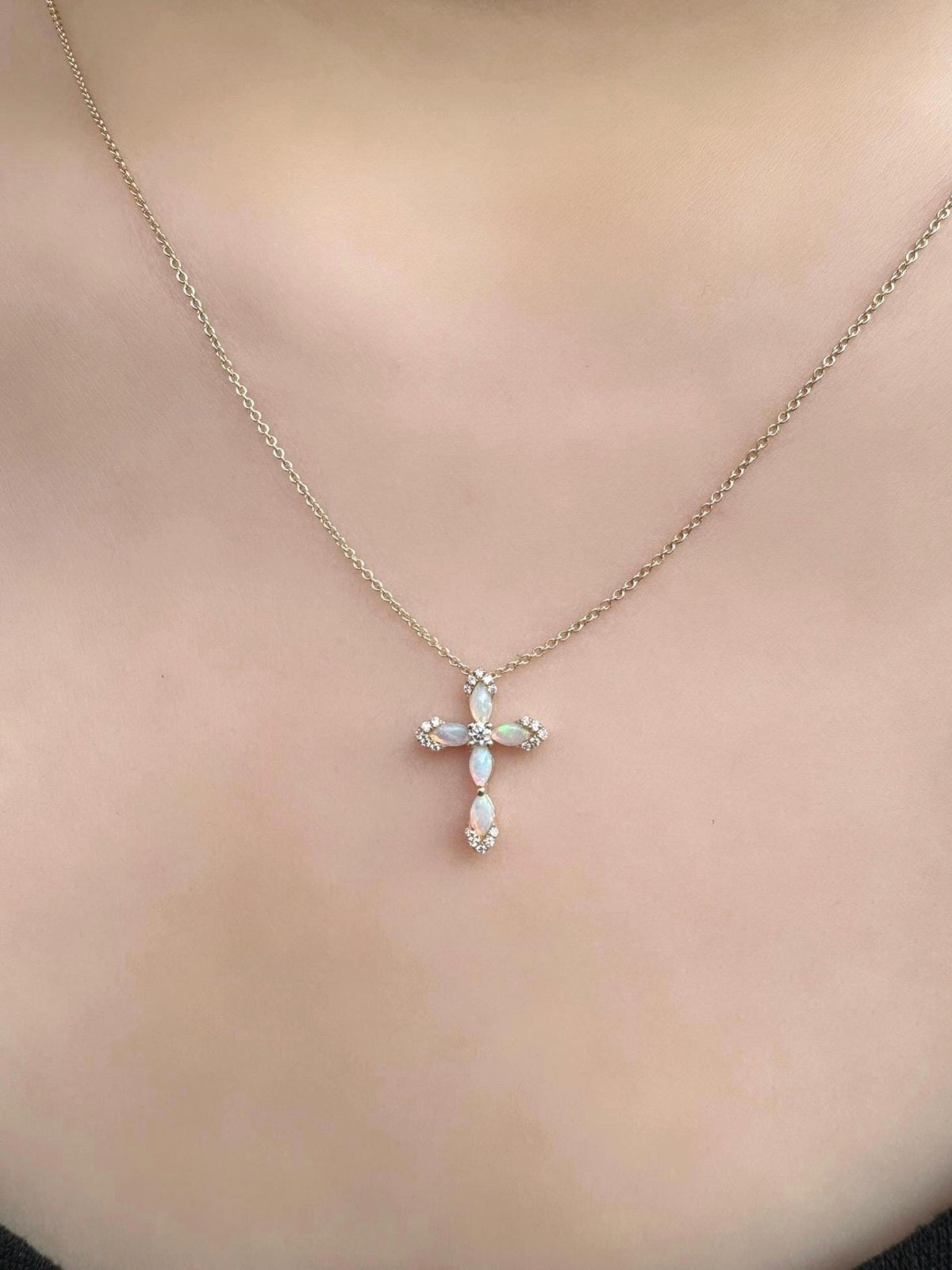 Genuine Opal and Diamond Cross Pendant | 14k Solid Gold