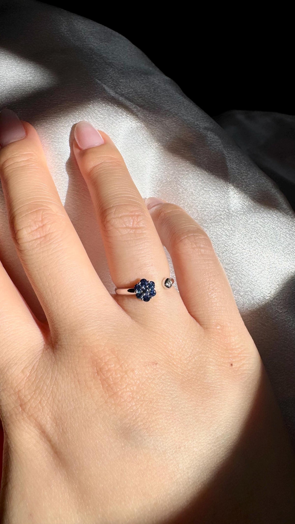 14k White Gold Sapphire Diamond Flower Ring, September Birthstone, Handcrafted Jewelry