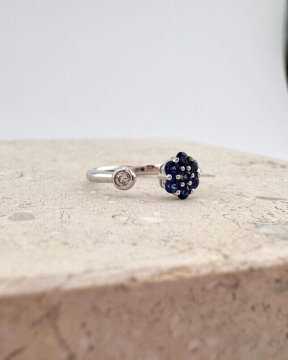 14k White Gold Sapphire Diamond Flower Ring, September Birthstone, Handcrafted Jewelry