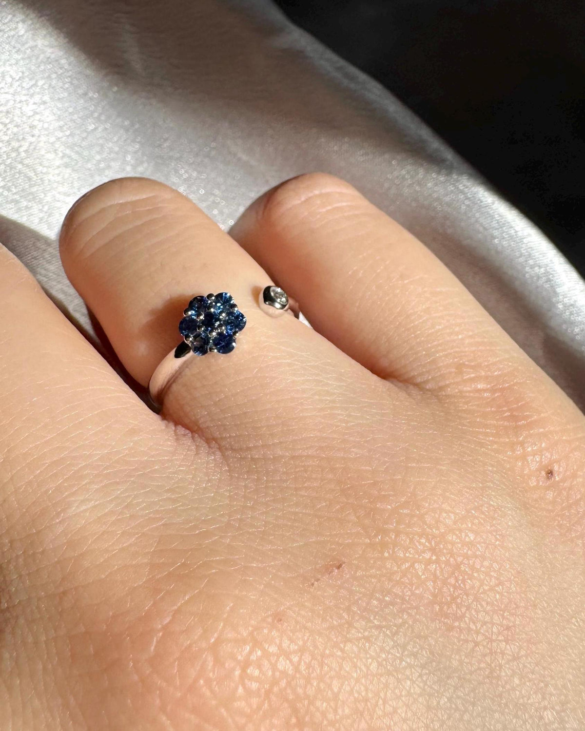 14k White Gold Sapphire Diamond Flower Ring, September Birthstone, Handcrafted Jewelry