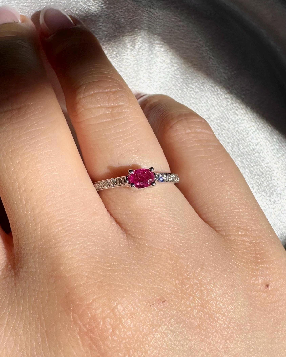Genuine Ruby and Diamond Oval East-West Ring | 14k Solid White Gold