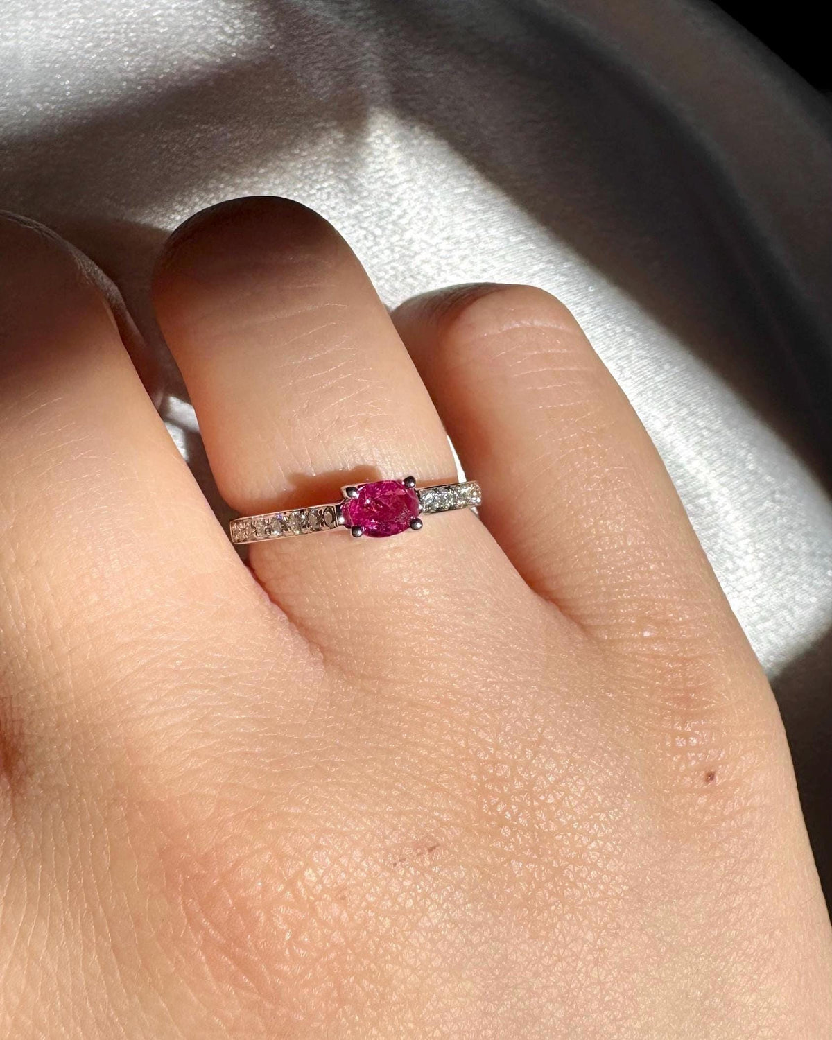 Genuine Ruby and Diamond Oval East-West Ring | 14k Solid White Gold