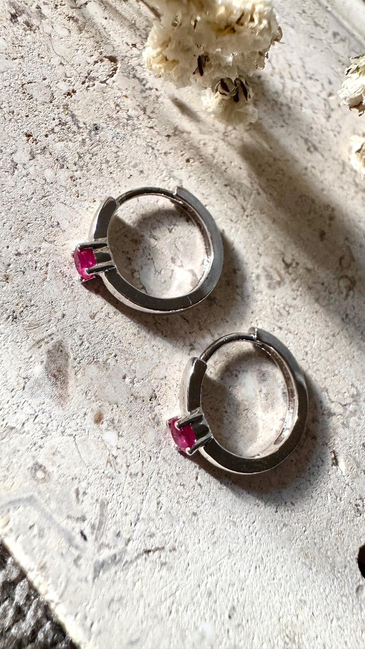 Genuine Ruby Mini Huggie Hoop Earrings in 14k Solid White Gold