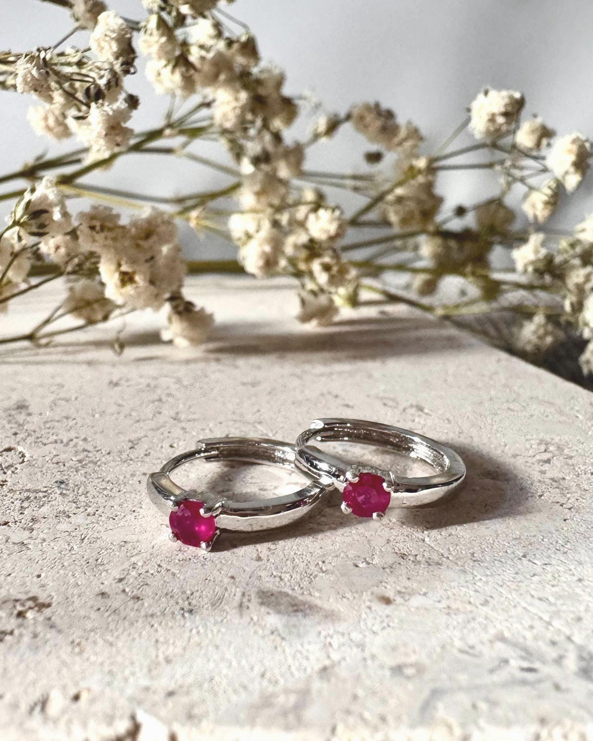Genuine Ruby Mini Huggie Hoop Earrings in 14k Solid White Gold
