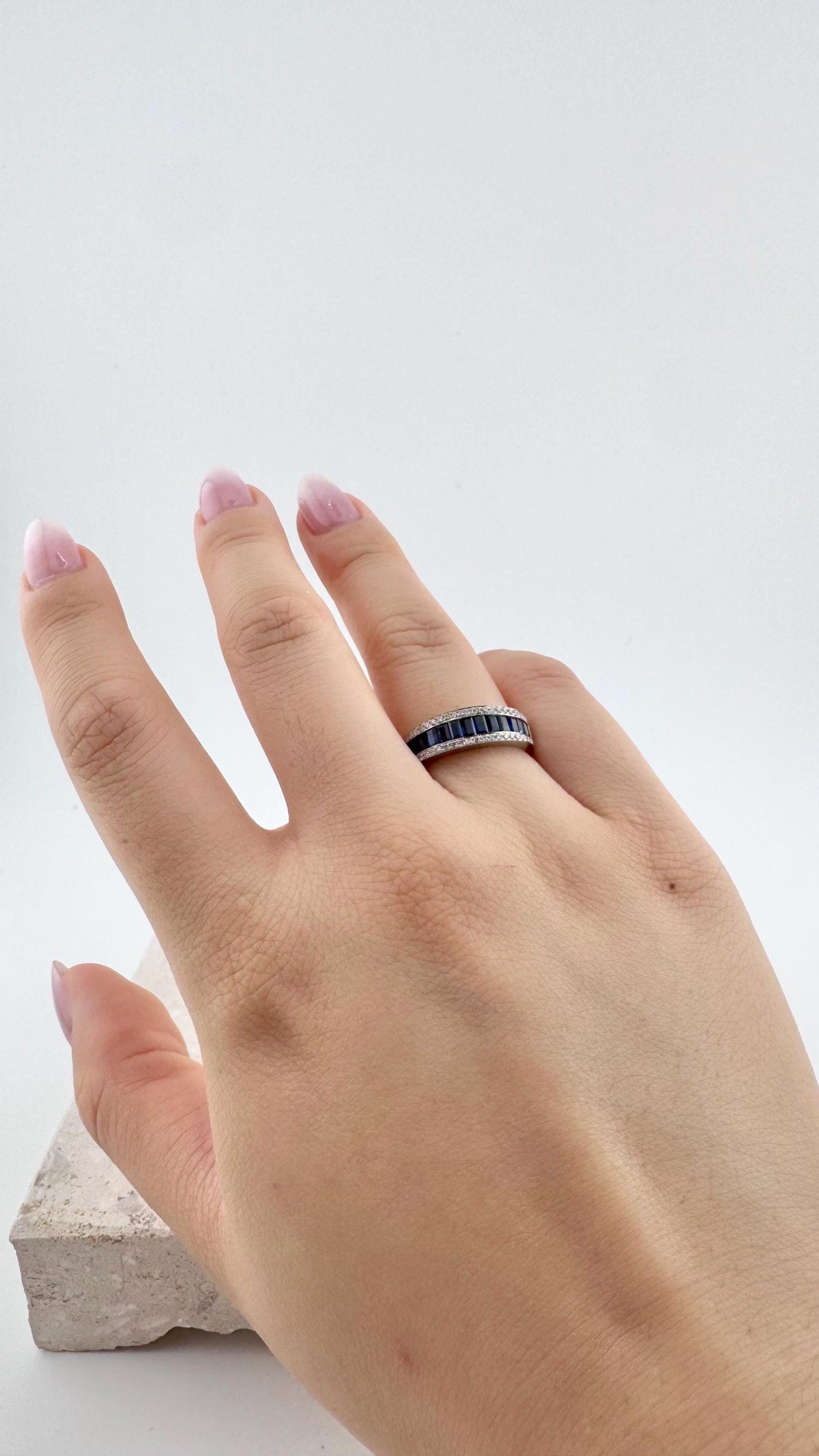 Genuine Sapphire and Diamond Half Eternity Ring | 18k Solid White Gold