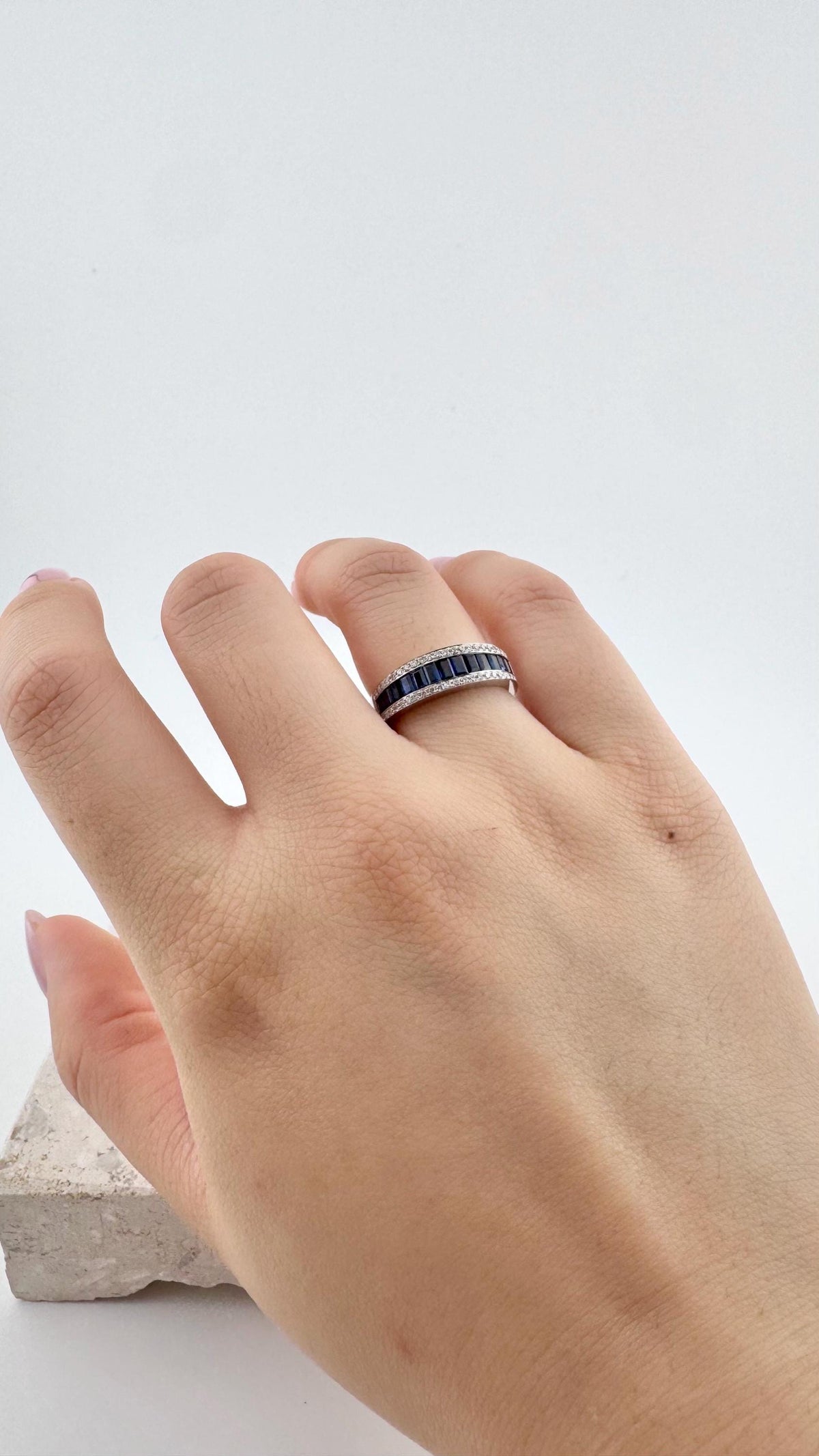 Genuine Sapphire and Diamond Half Eternity Ring | 18k Solid White Gold