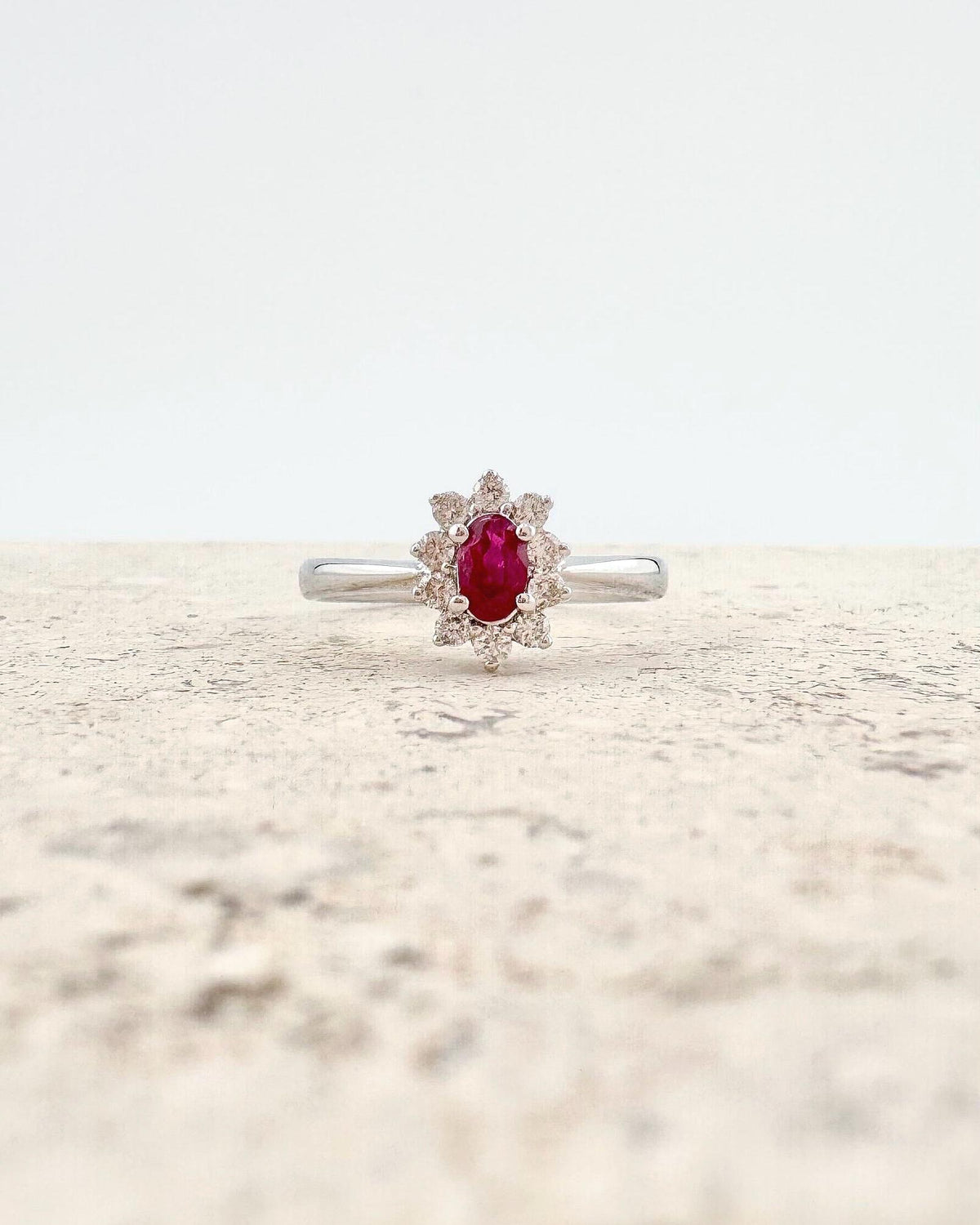 Genuine Oval Ruby and Diamond Solaris Halo Ring | 18k Solid White Gold