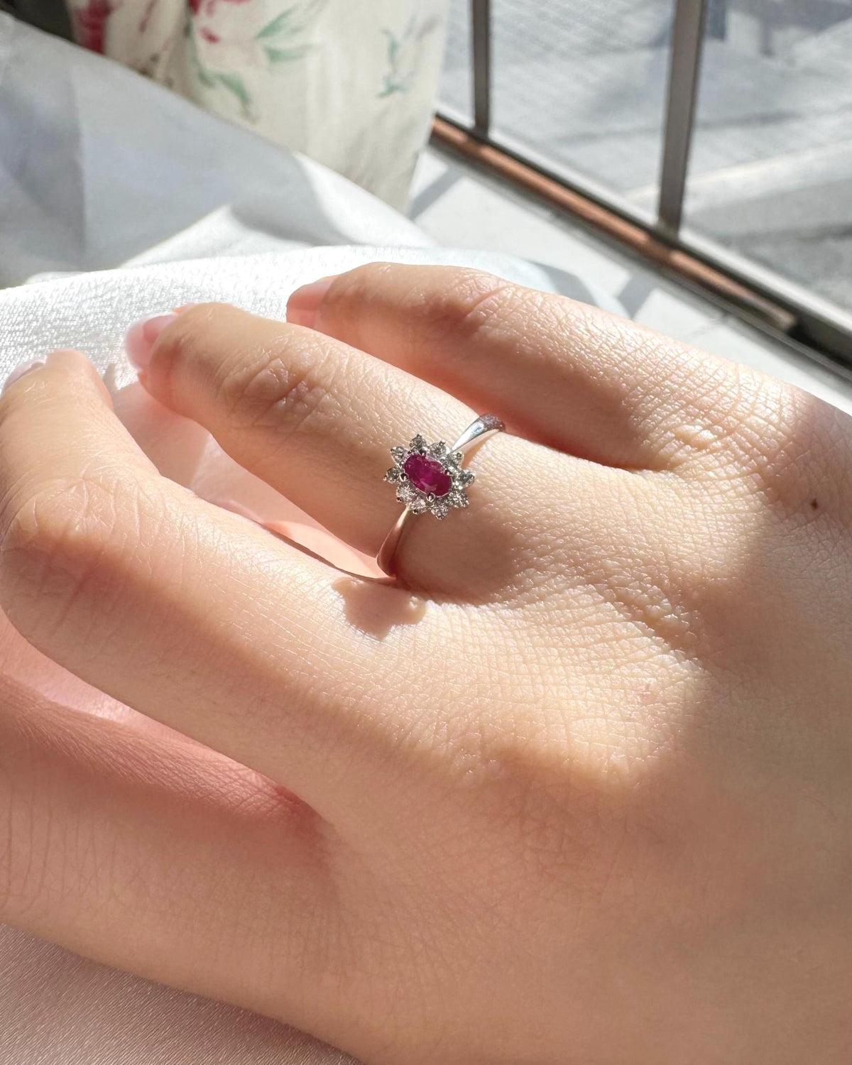 Genuine Oval Ruby and Diamond Solaris Halo Ring | 18k Solid White Gold