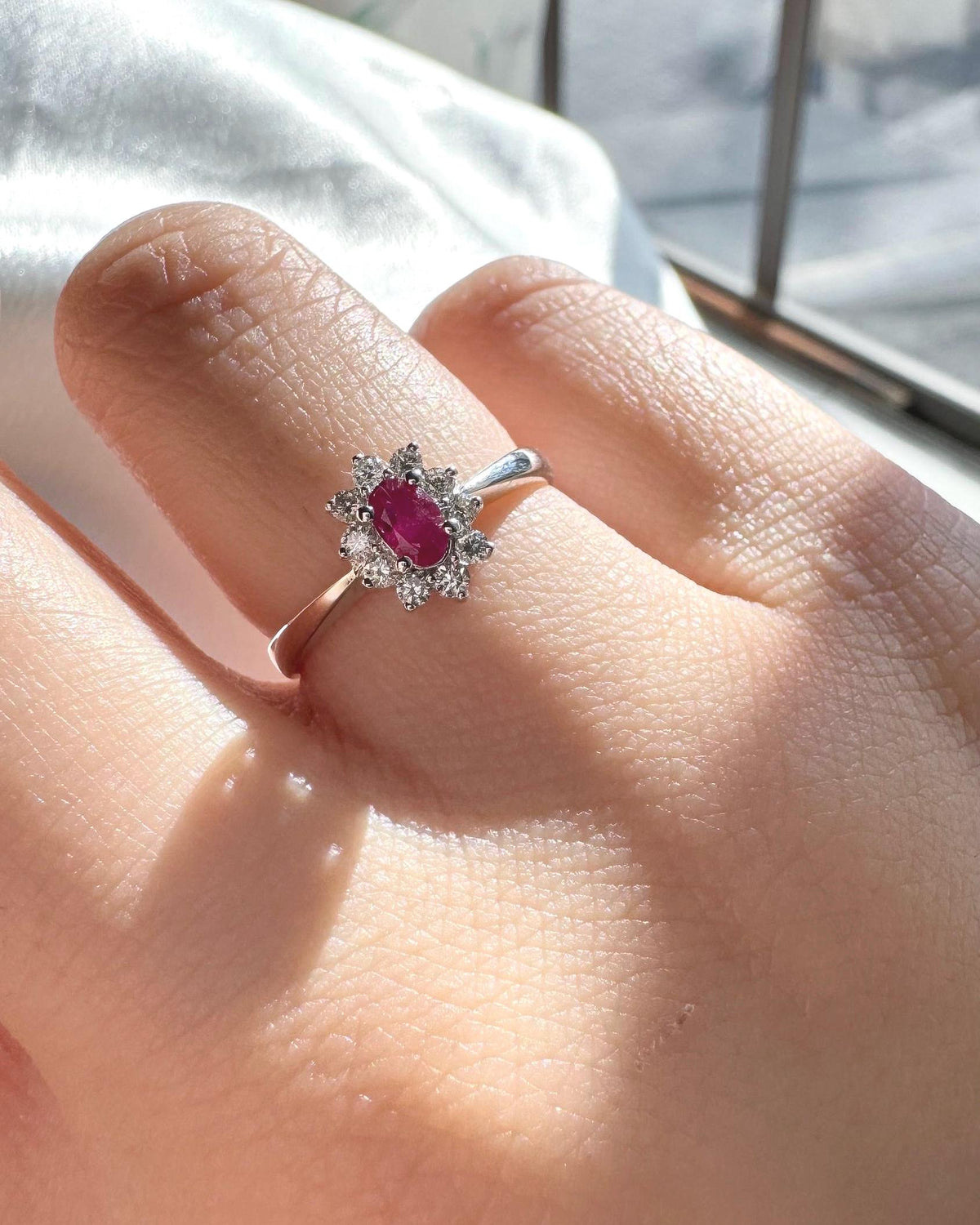 Genuine Oval Ruby and Diamond Solaris Halo Ring | 18k Solid White Gold