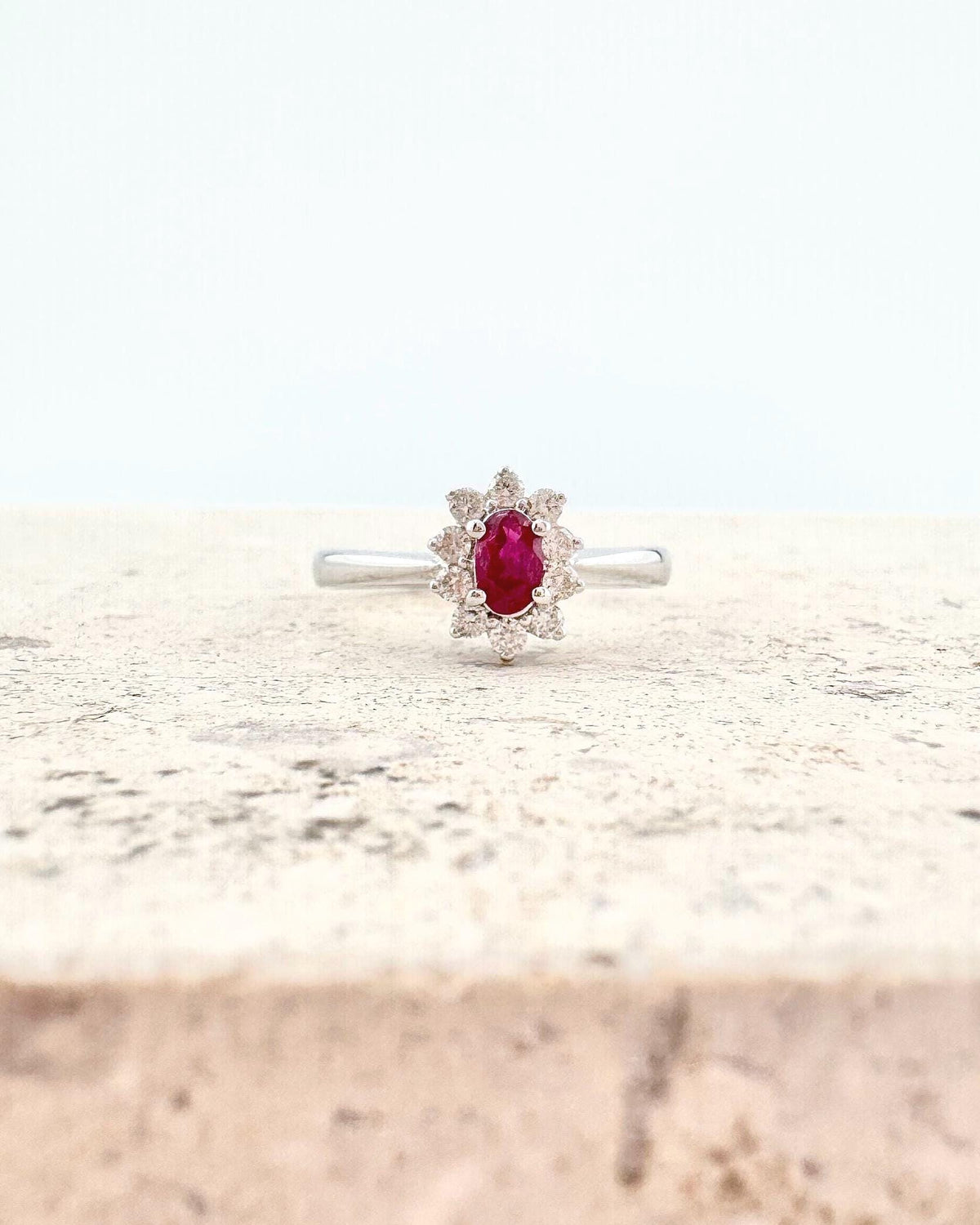 Genuine Oval Ruby and Diamond Solaris Halo Ring | 18k Solid White Gold