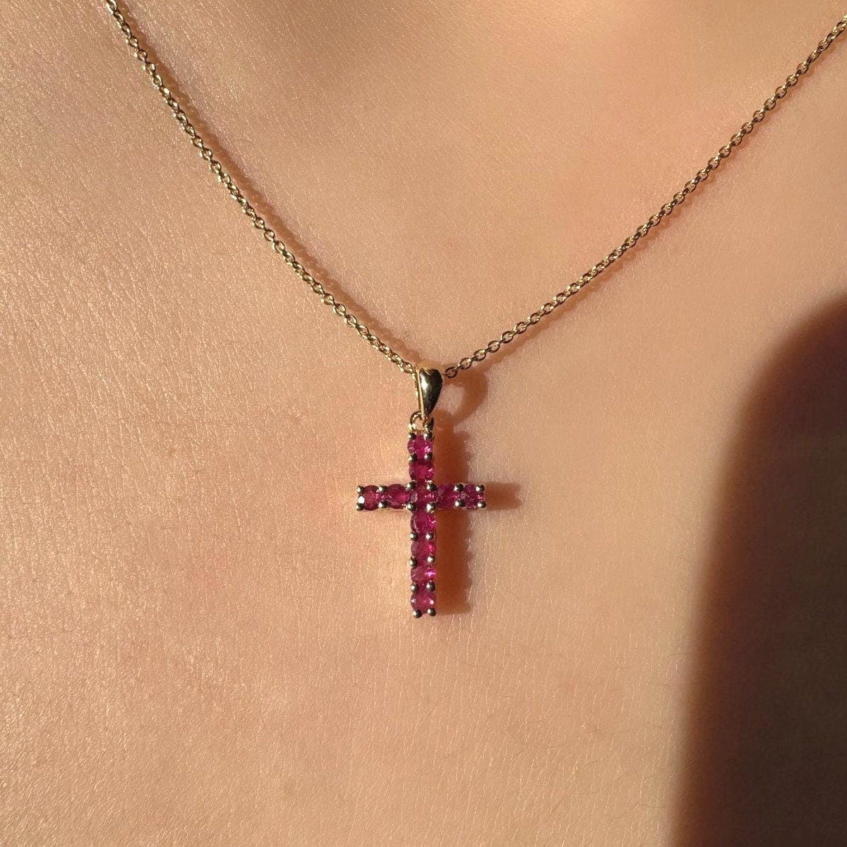 Genuine Ruby Cross Pendant, Medium, 14k Solid Gold, July Birthstone, Gift for Her