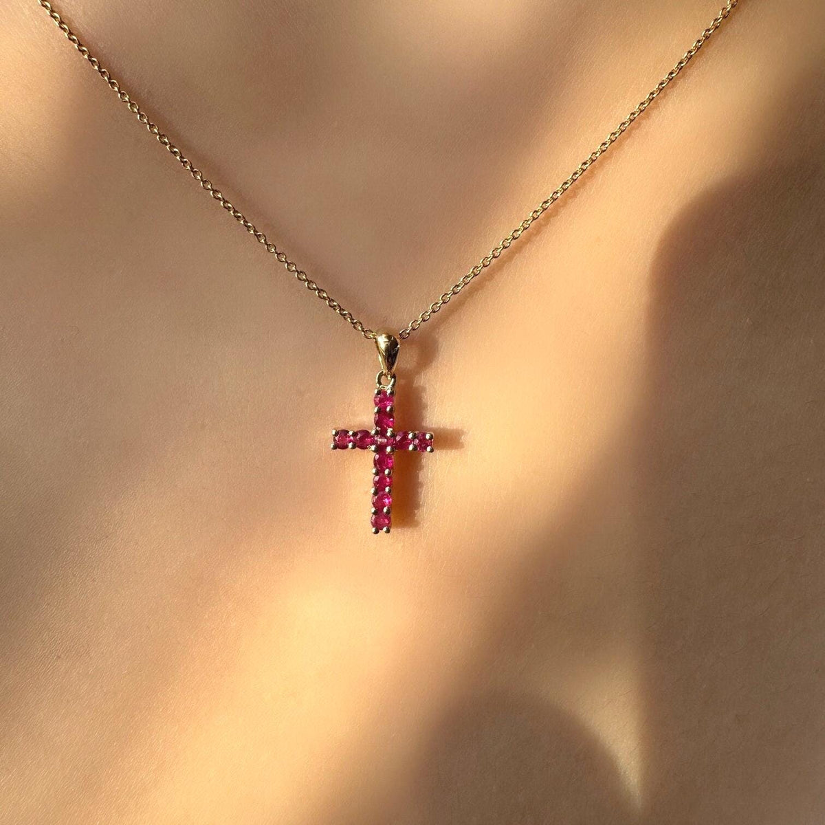Genuine Ruby Cross Pendant, Medium, 14k Solid Gold, July Birthstone, Gift for Her