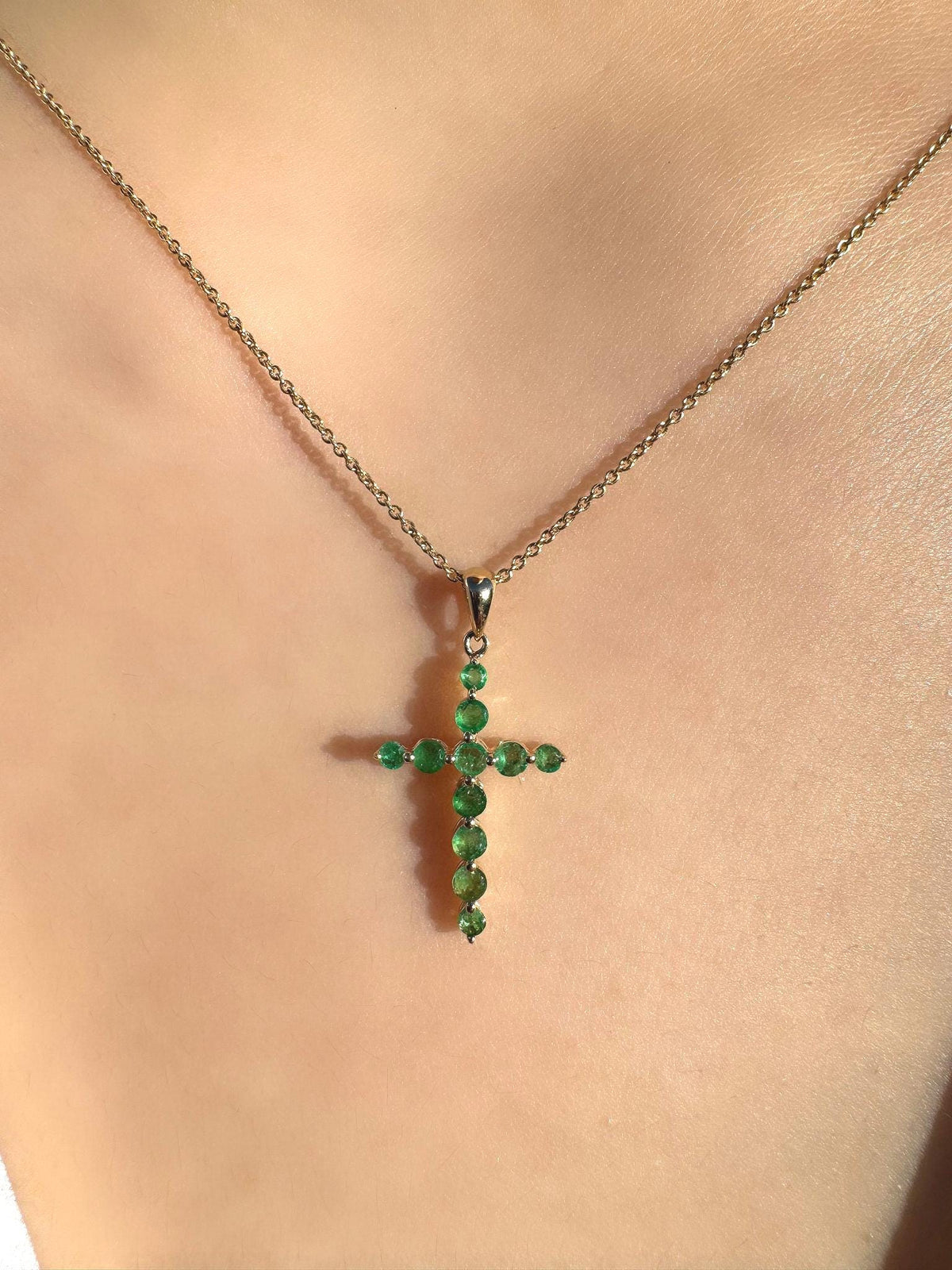 Genuine Emerald Round Cut Cross Pendant in 14k Solid Gold