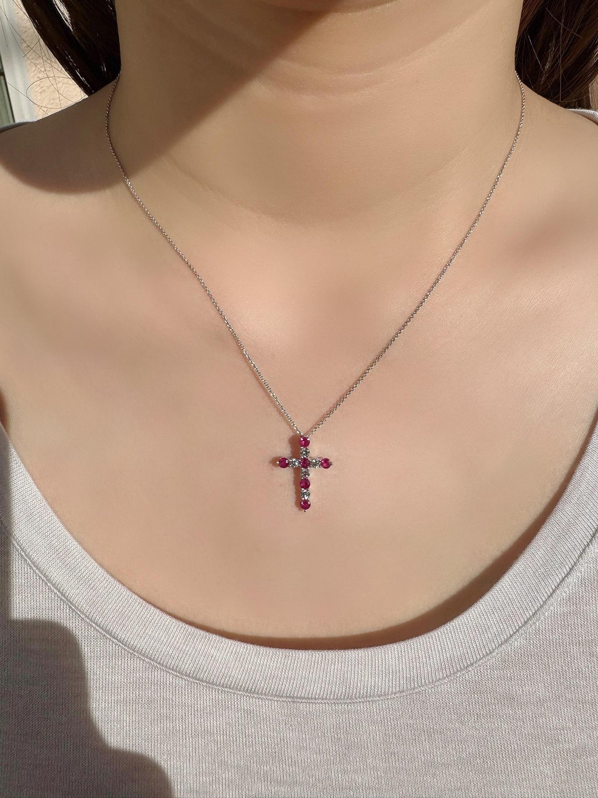 Genuine Ruby and Diamond Cross Pendant | 14k Solid Gold