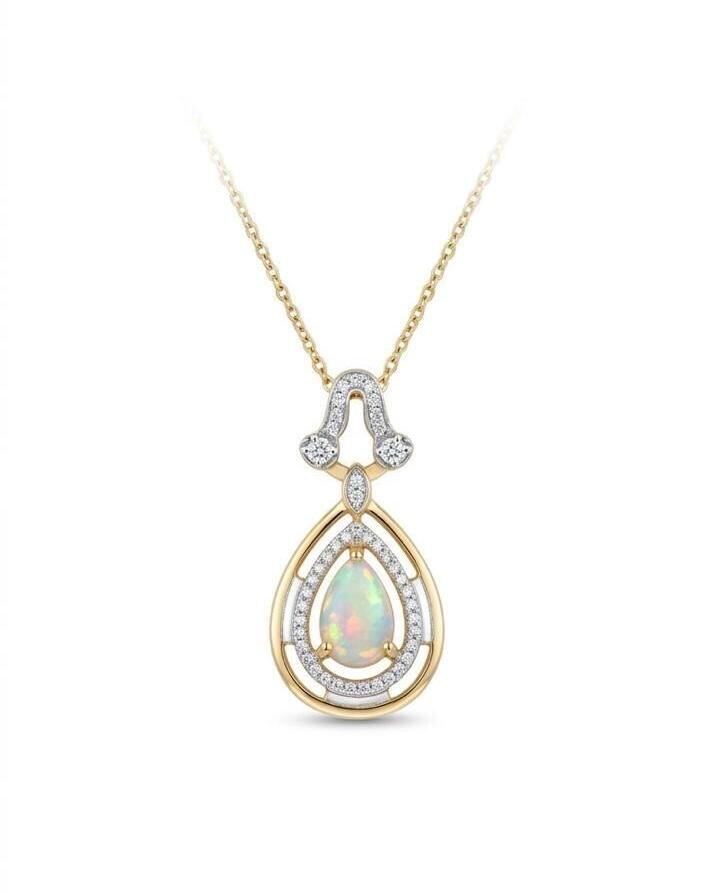 Genuine Teardrop Opal and Diamond Pendant in 18k Solid Yellow Gold