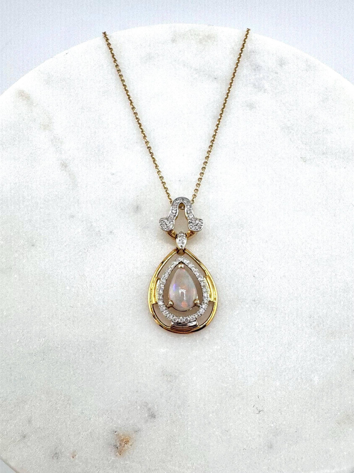 Genuine Teardrop Opal and Diamond Pendant in 18k Solid Yellow Gold