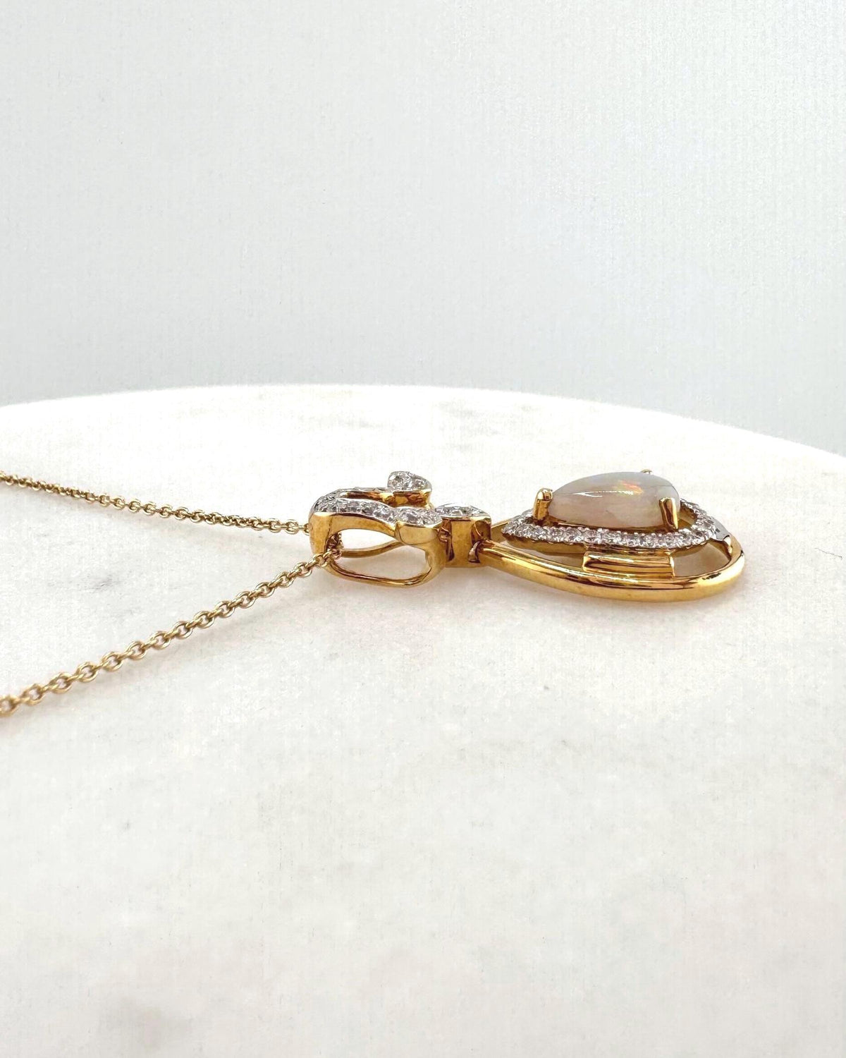 Genuine Teardrop Opal and Diamond Pendant in 18k Solid Yellow Gold