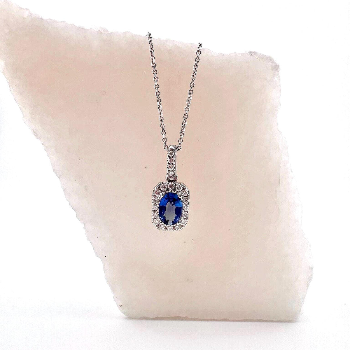 Genuine Sapphire and Diamond Halo Oval Cut Pendant, 18k Solid Gold, September Birthstone, Gift for Her