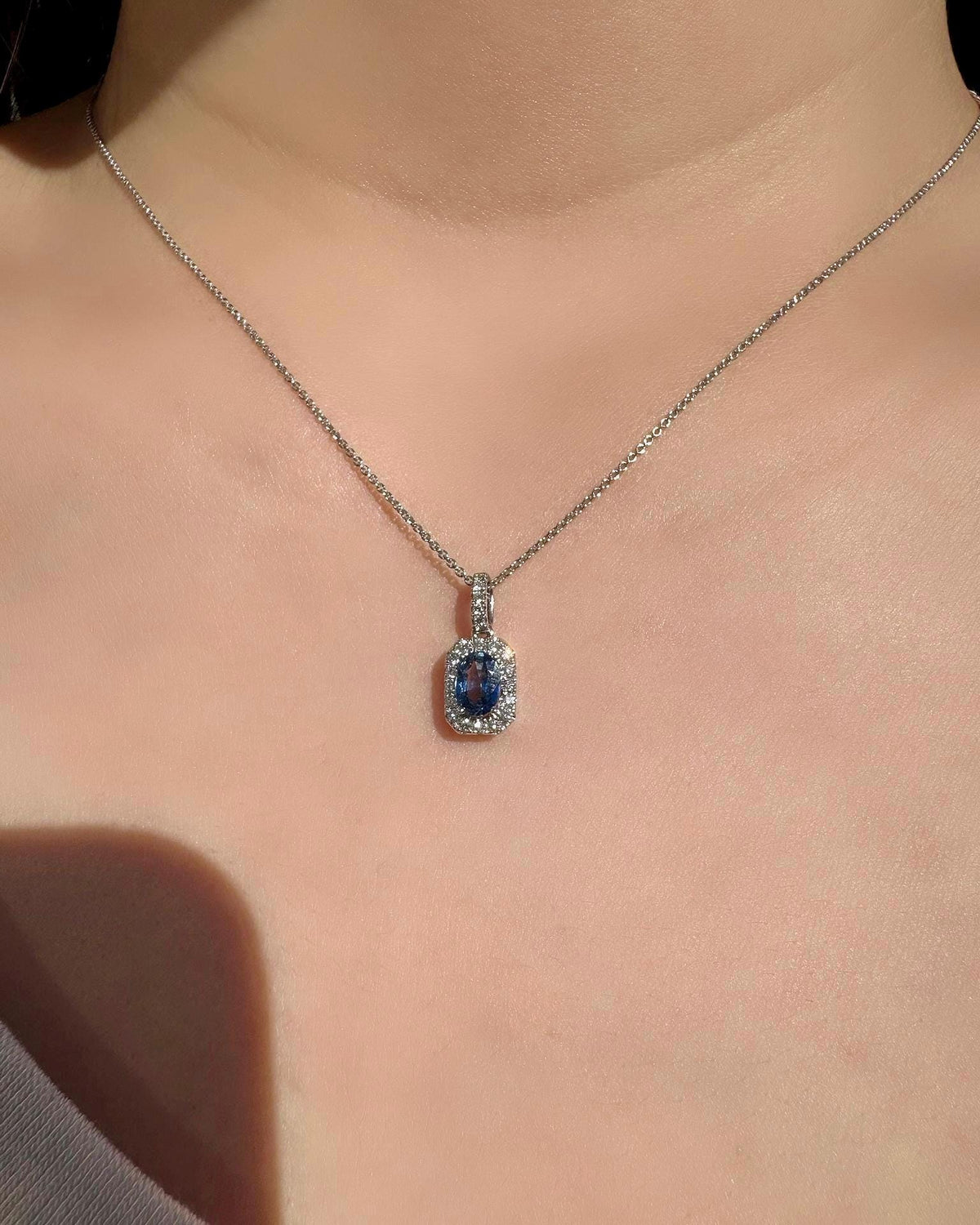 Genuine Sapphire and Diamond Halo Oval Cut Pendant, 18k Solid Gold, September Birthstone, Gift for Her