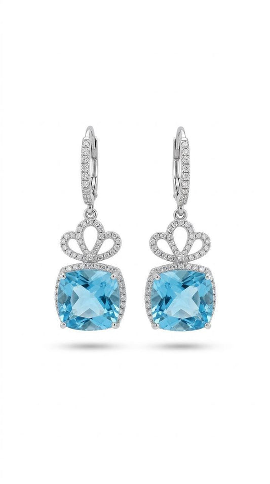 Genuine Blue Topaz and Diamond Huggies | 14k White Gold