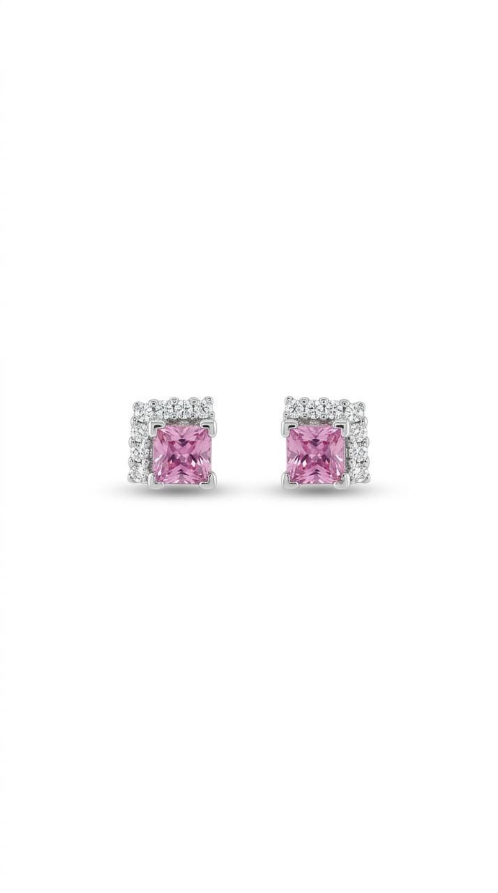 Genuine Pink Sapphire and Diamond Stud Earrings in 18k Solid White Gold