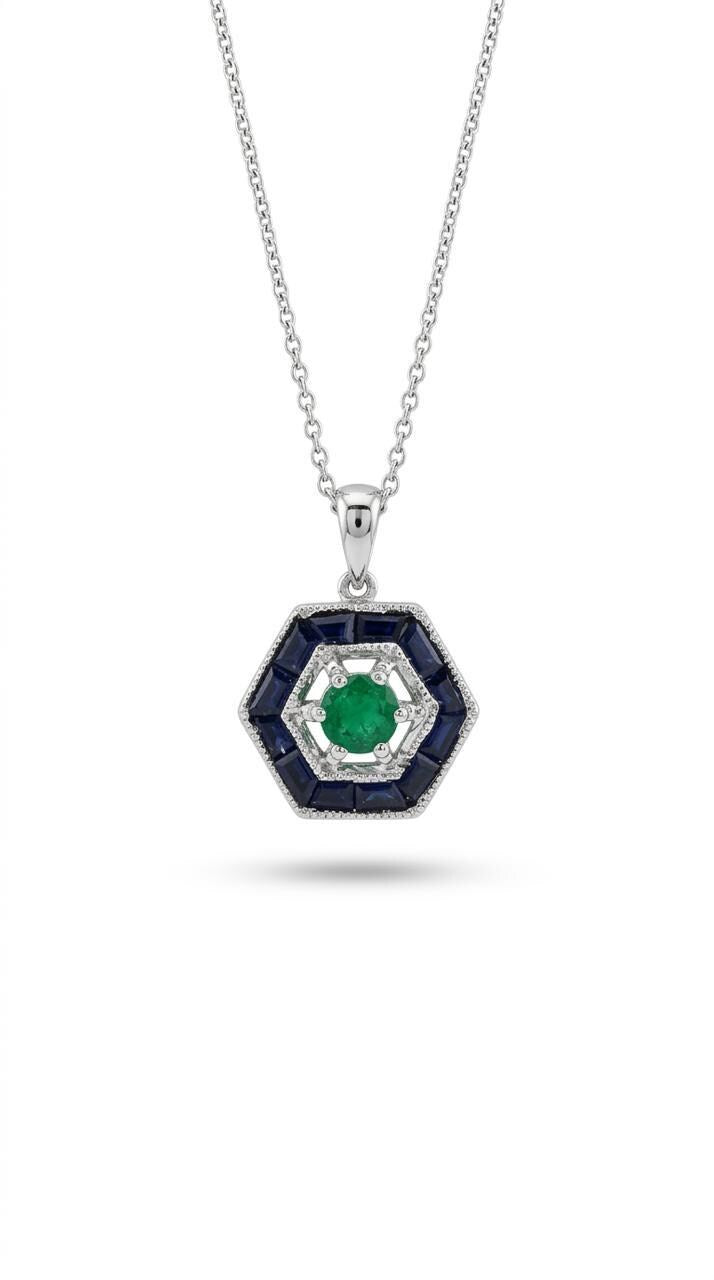 Genuine Emerald and Sapphire Hexagonal Pendant | 18k Solid White Gold
