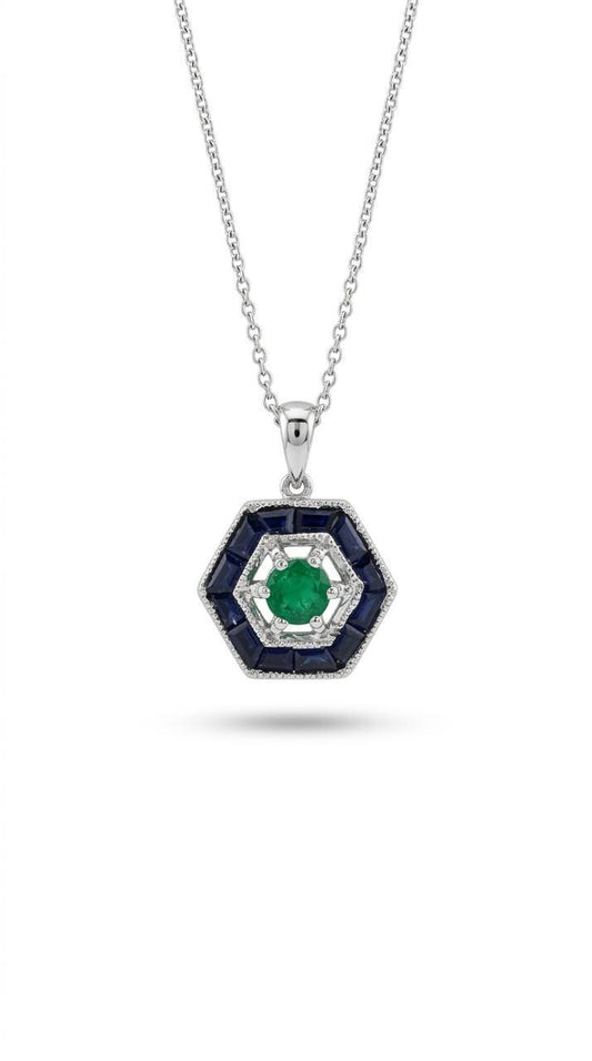 Genuine Emerald and Sapphire Hexagonal Pendant | 18k Solid White Gold