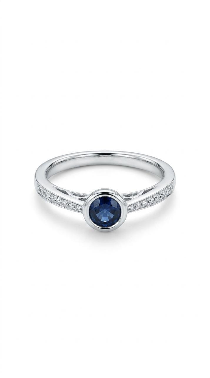 Genuine Sapphire Bezel Ring with Diamond Accents, 14k Solid White Gold, September Birthstone Gift