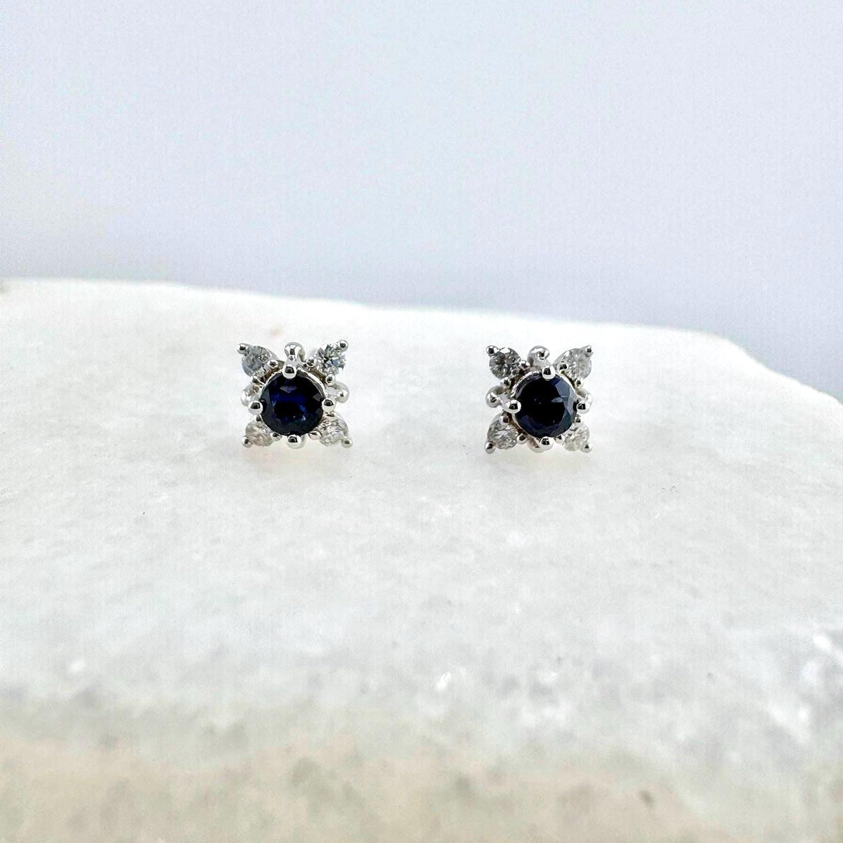 Genuine Round Sapphire and Diamond Earrings in 18k Solid White Gold