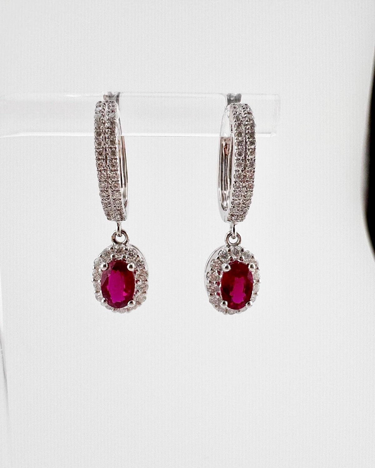 Genuine Oval Ruby and 2 Row Diamond Huggies | 18k Solid White Gold