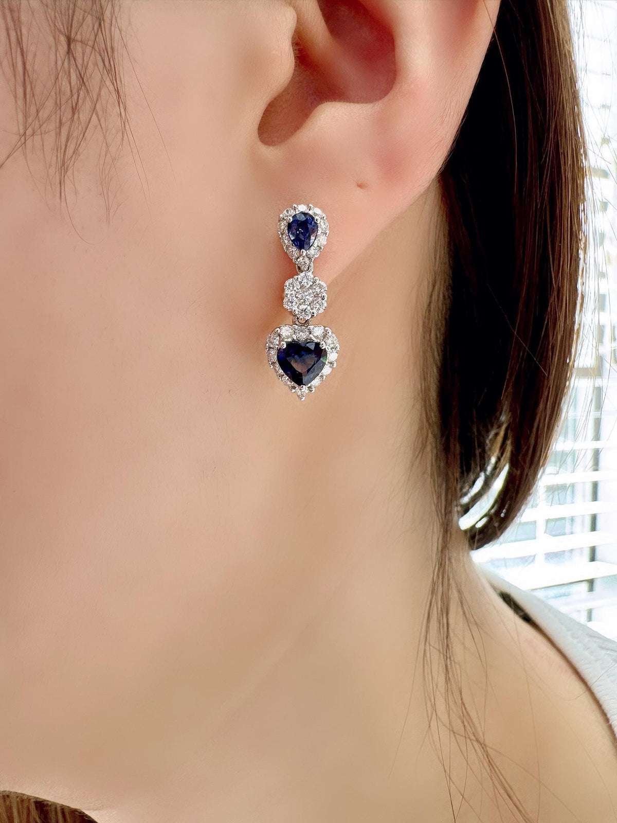 Genuine Teardrop and Heart Sapphires and Diamond Dangle Earrings in 18k Solid White Gold