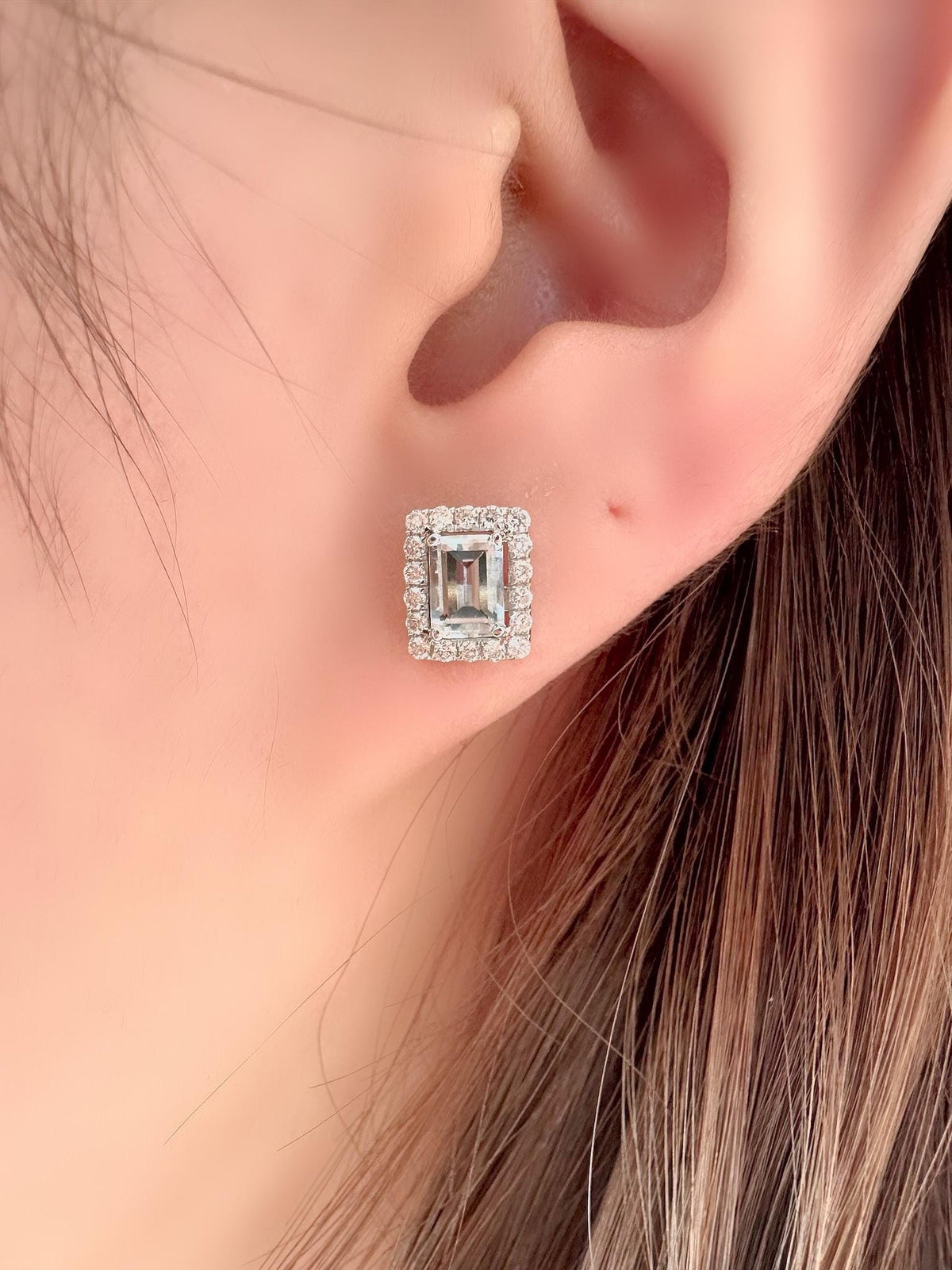 Genuine Emerald Cut Aquamarines and Diamond Studs in 18k Solid White Gold