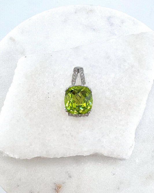 Genuine Peridot and Diamond Pillow Pendant / 14k Solid White Gold