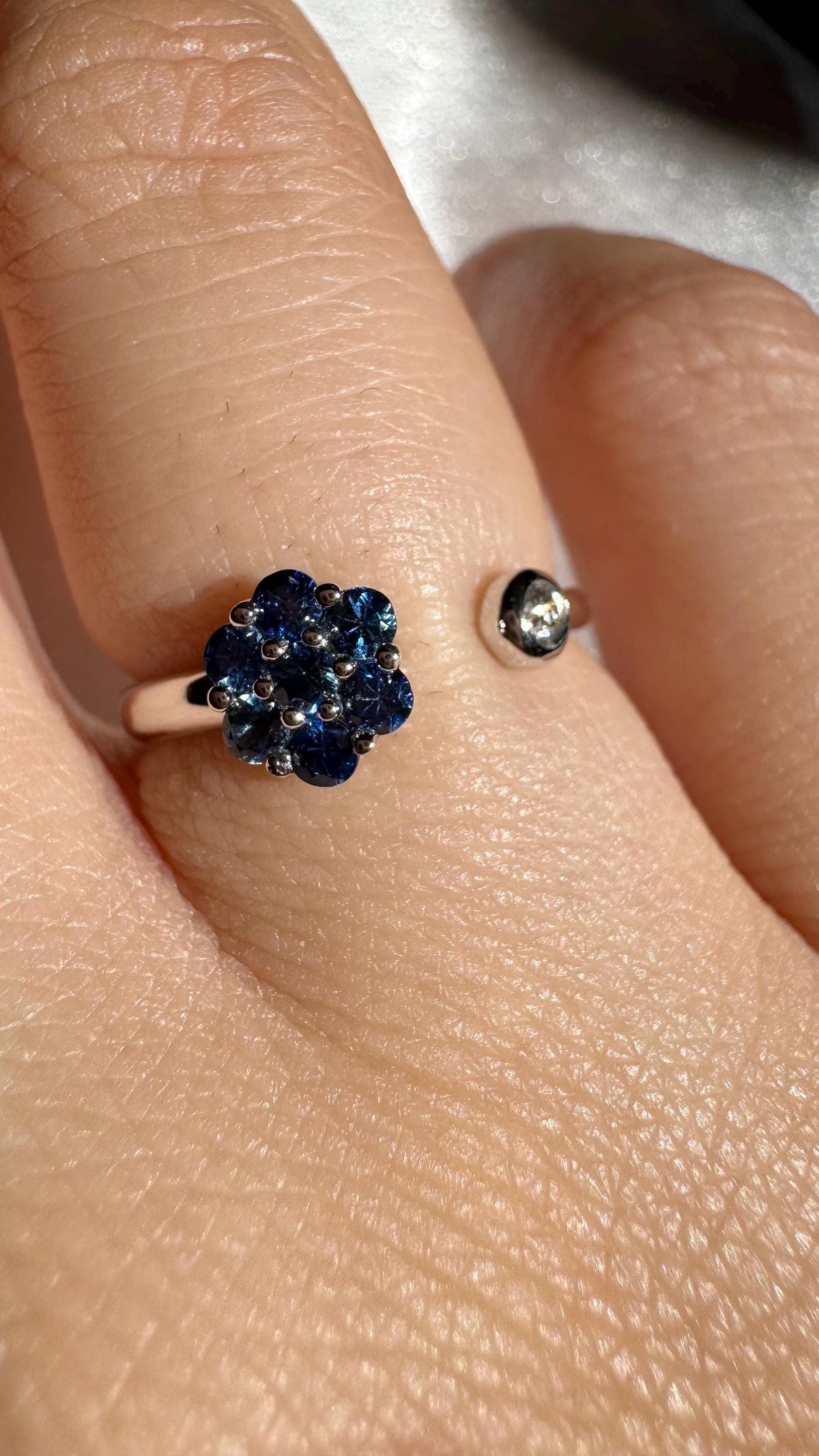 14k White Gold Sapphire Diamond Flower Ring, September Birthstone, Handcrafted Jewelry